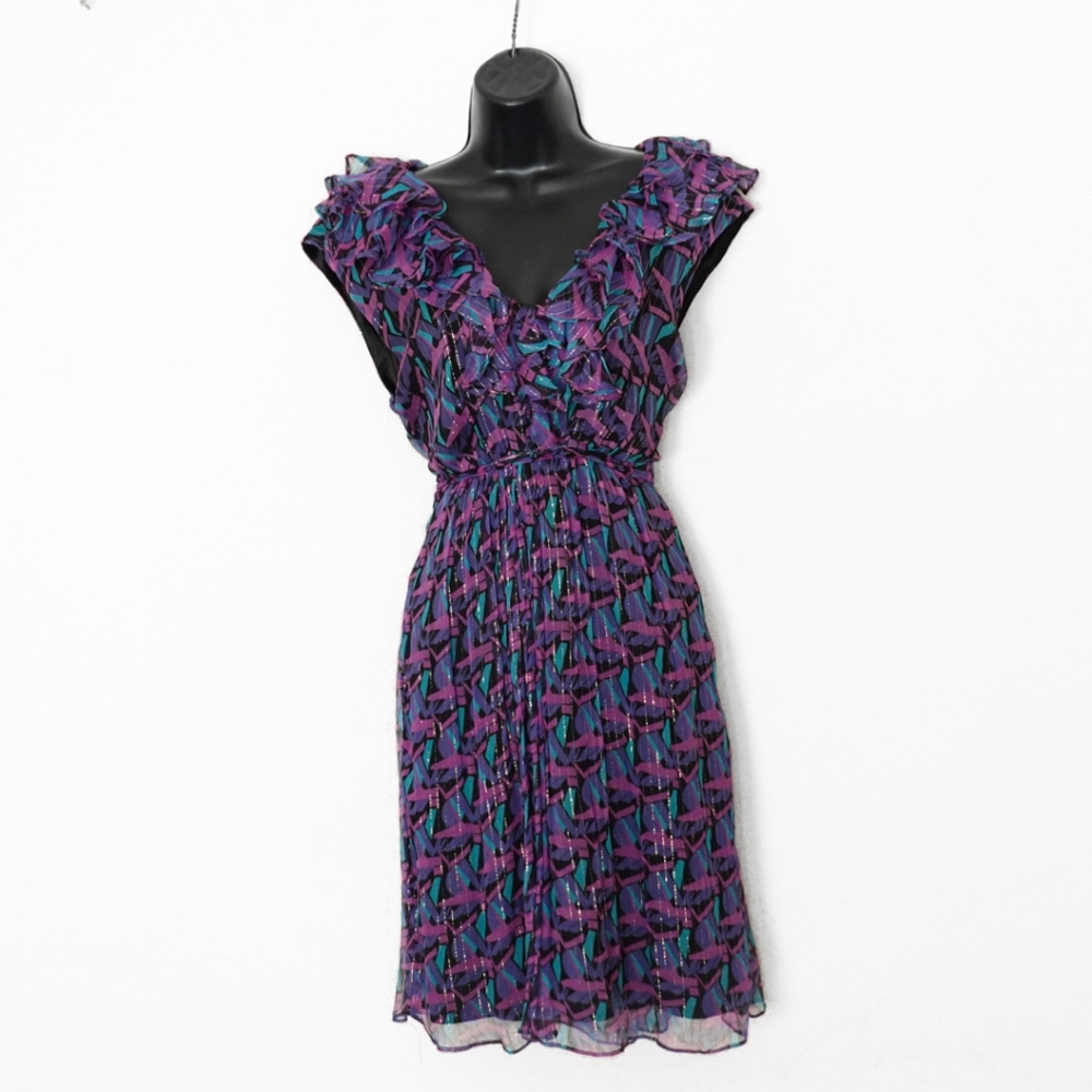 ECI Geometric Print Silk Chiffon Midi Fit & Flare Dress w/Ruffled Neckline, sz 8